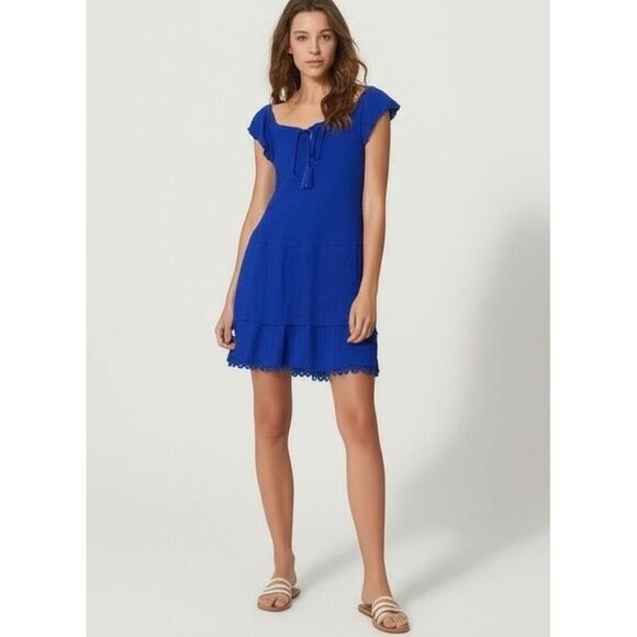 KOBI HALPERIN L Darcie Mini Dress cobalt Blue Silk blend Flowy Boho Chic - Picture 1 of 10